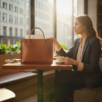 Sacoche ordinateur femme Quoko marron cognac patiné posée sur une table de café à côté d'une working girl.