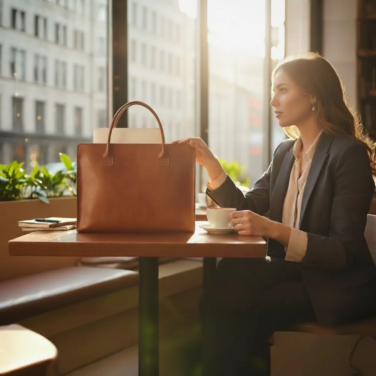 Sacoche ordinateur femme Quoko marron cognac patiné posée sur une table de café à côté d'une working girl.