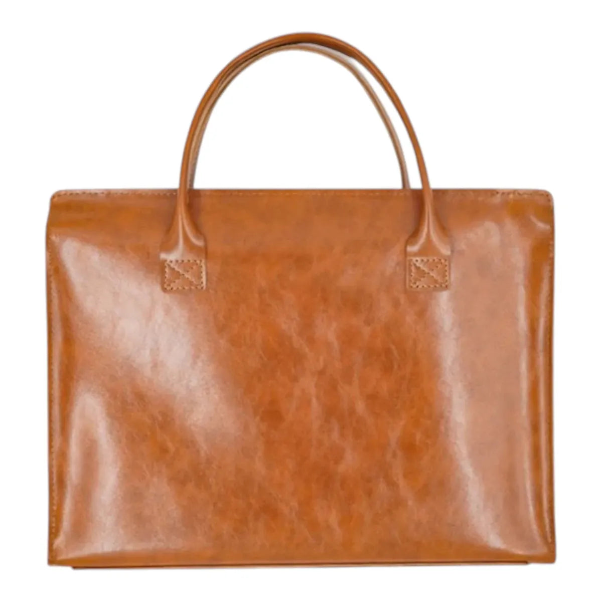 Sacoche ordinateur femme Quoko en cuir microfibre marron cognac avec sa sangle amovible, vue de face sur fond blanc.