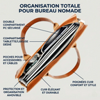Vue intérieure annotée de la sacoche ordinateur femme Quoko montrant le double compartiment PC sécurisé et les poches de rangement.