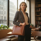 Femme d'affaires élégante portant la sacoche ordinateur pour femme Quoko à l'épaule avec sa sangle bandoulière amovible.