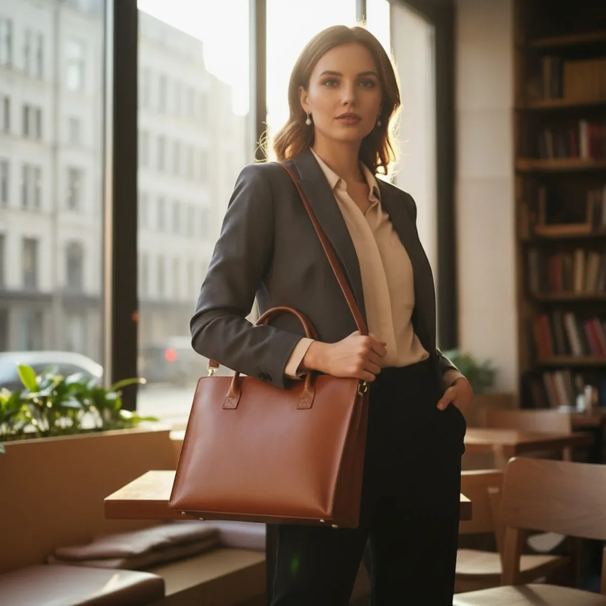 Femme d'affaires élégante portant la sacoche ordinateur pour femme Quoko à l'épaule avec sa sangle bandoulière amovible.
