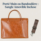 Infographie de la sacoche ordinateur femme Quoko mettant en avant la polyvalence du porté main ou avec sangle bandoulière amovible.
