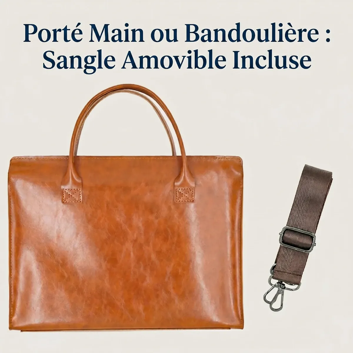 Infographie de la sacoche ordinateur femme Quoko mettant en avant la polyvalence du porté main ou avec sangle bandoulière amovible.