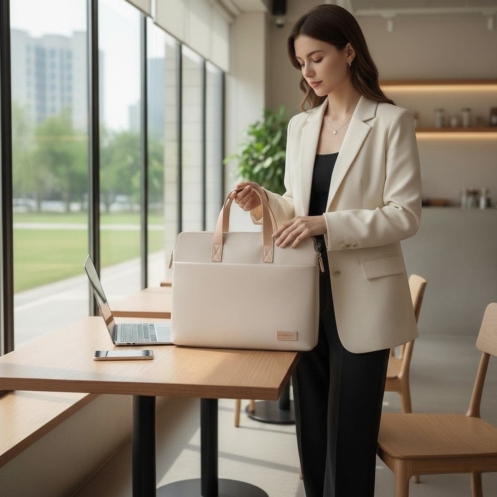 Professionnelle nomade debout tenant sa sacoche ordinateur femme ergonomique beige.