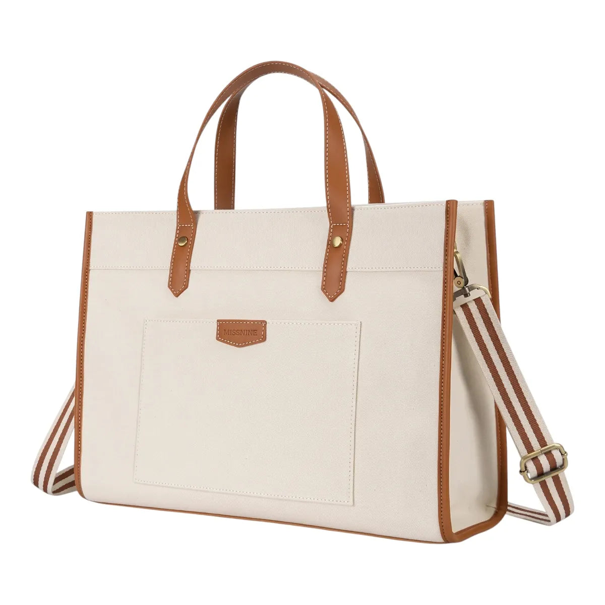 Sacoche ordinateur femme MISSNINE en toile beige et cuir marron, vue de trois-quarts.