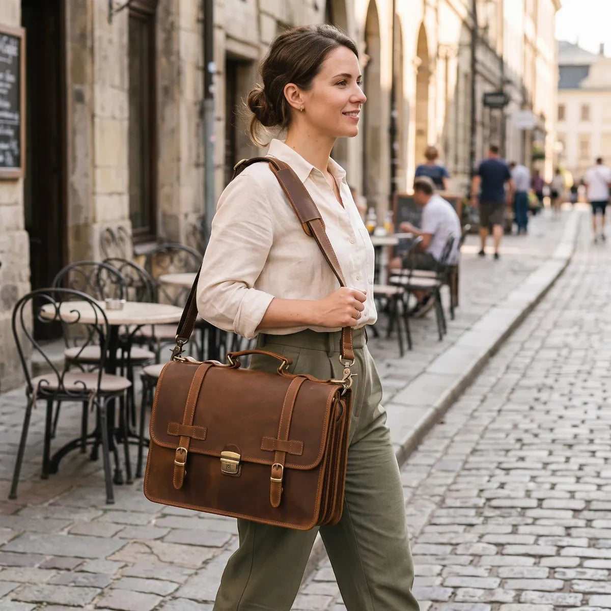 Femme portant la sacoche ordinateur femme Trivault en ville. Remplace parfaitement un sac à dos ordinateur femme ou un sac à dos ordi femme.