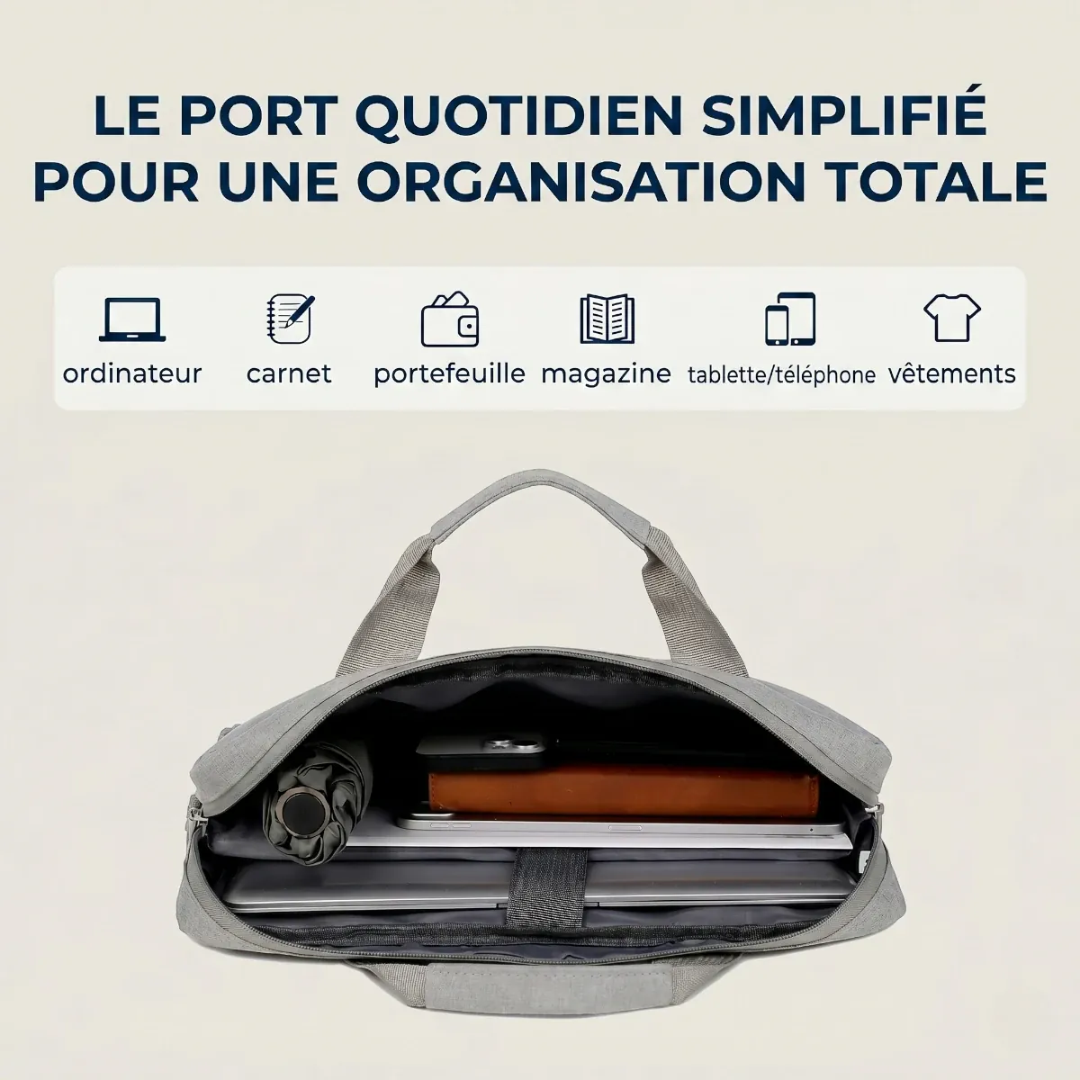 Vue ouverte de la grande capacité de rangement intérieur de la sacoche ordinateur homme AeroStride.