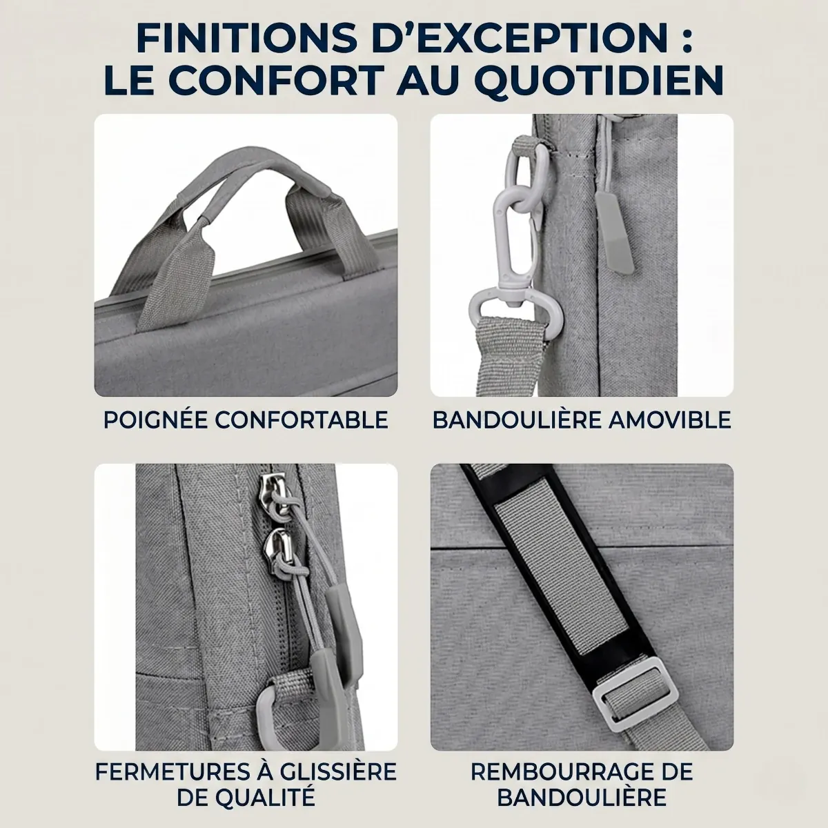 Zoom sur les finitions techniques, fermetures et rembourrages de la sacoche ordinateur homme AeroStride.