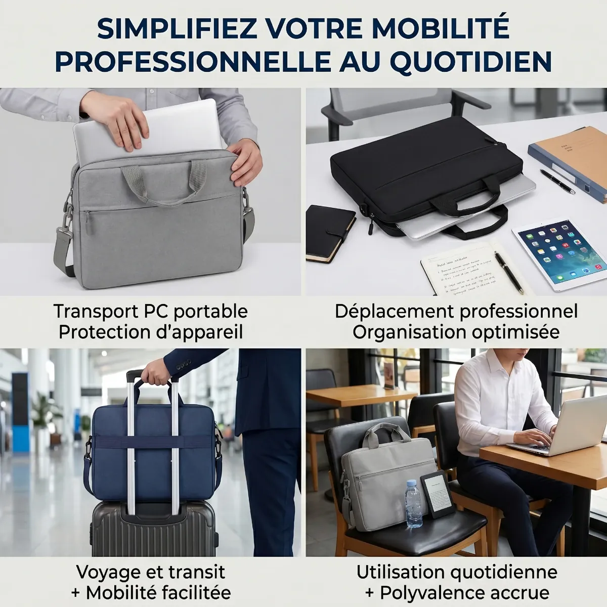 Infographie des différents cas d'utilisation professionnels de la sacoche ordinateur homme AeroStride.