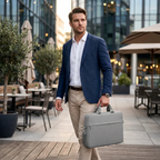 Homme d'affaires en costume portant à la main la sacoche ordinateur homme AeroStride en milieu urbain.