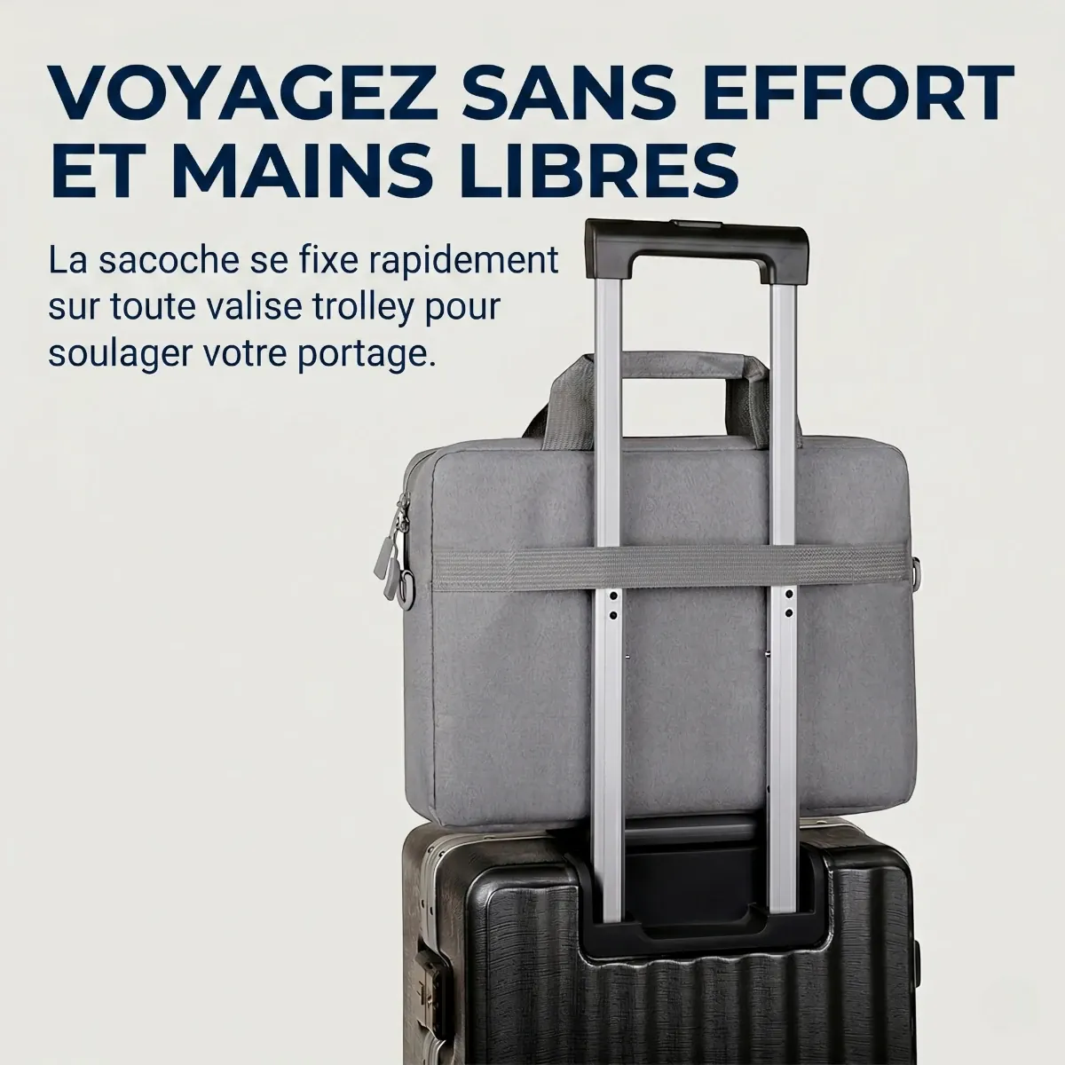 Fixation de la sacoche ordinateur homme AeroStride sur une poignée de valise trolley pour le voyage.