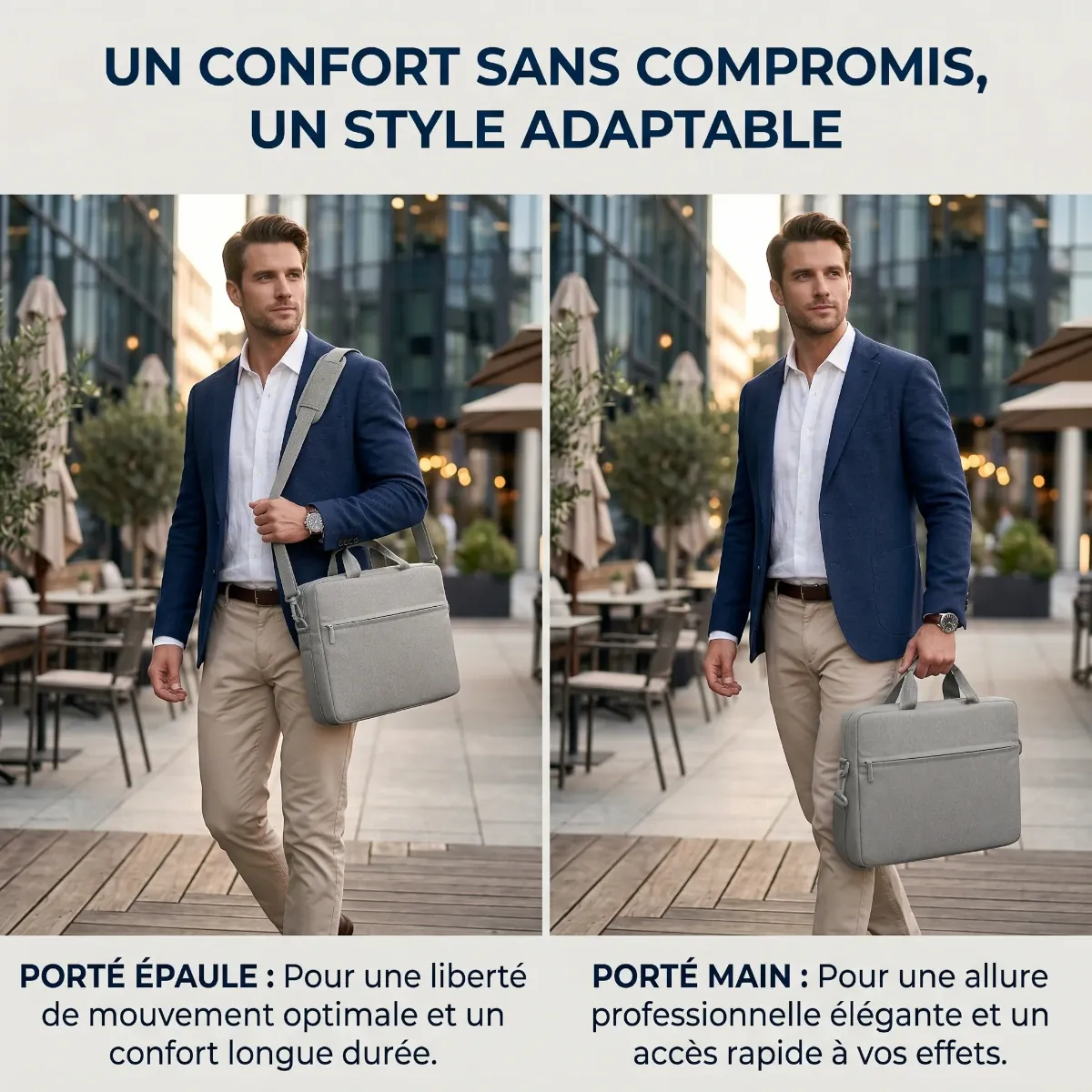 Double vue lifestyle de la sacoche ordinateur homme AeroStride portée à l'épaule et à la main.