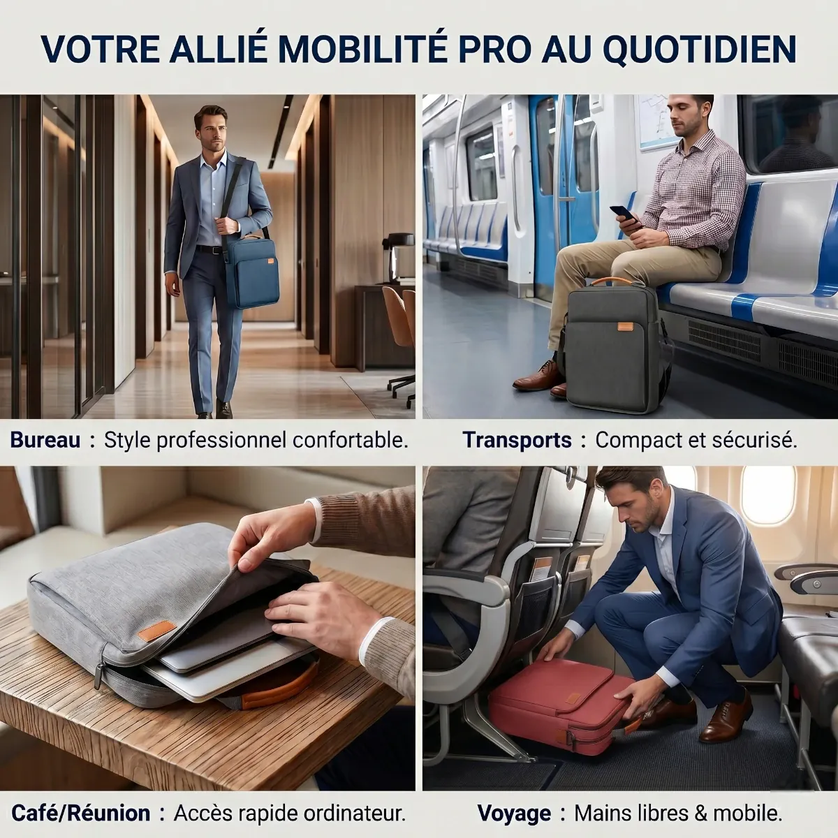 Infographie des 4 cas d’usage professionnels de la sacoche ordinateur homme Atlas.