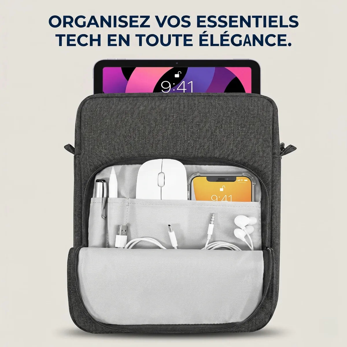 Poche frontale ouverte montrant le rangement de la sacoche ordinateur homme Atlas.