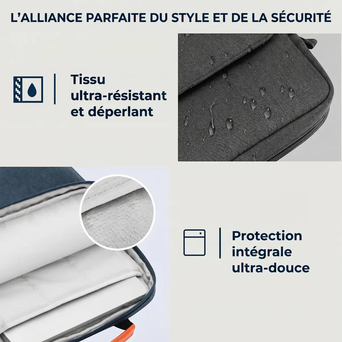 Focus technique sur le tissu déperlant et la doublure de la sacoche ordinateur homme Atlas.