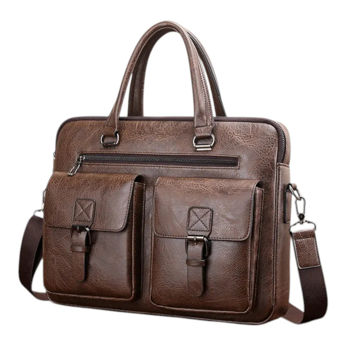 Sacoche ordinateur homme Bifolio en cuir marron fonce texturé, vue studio de face.