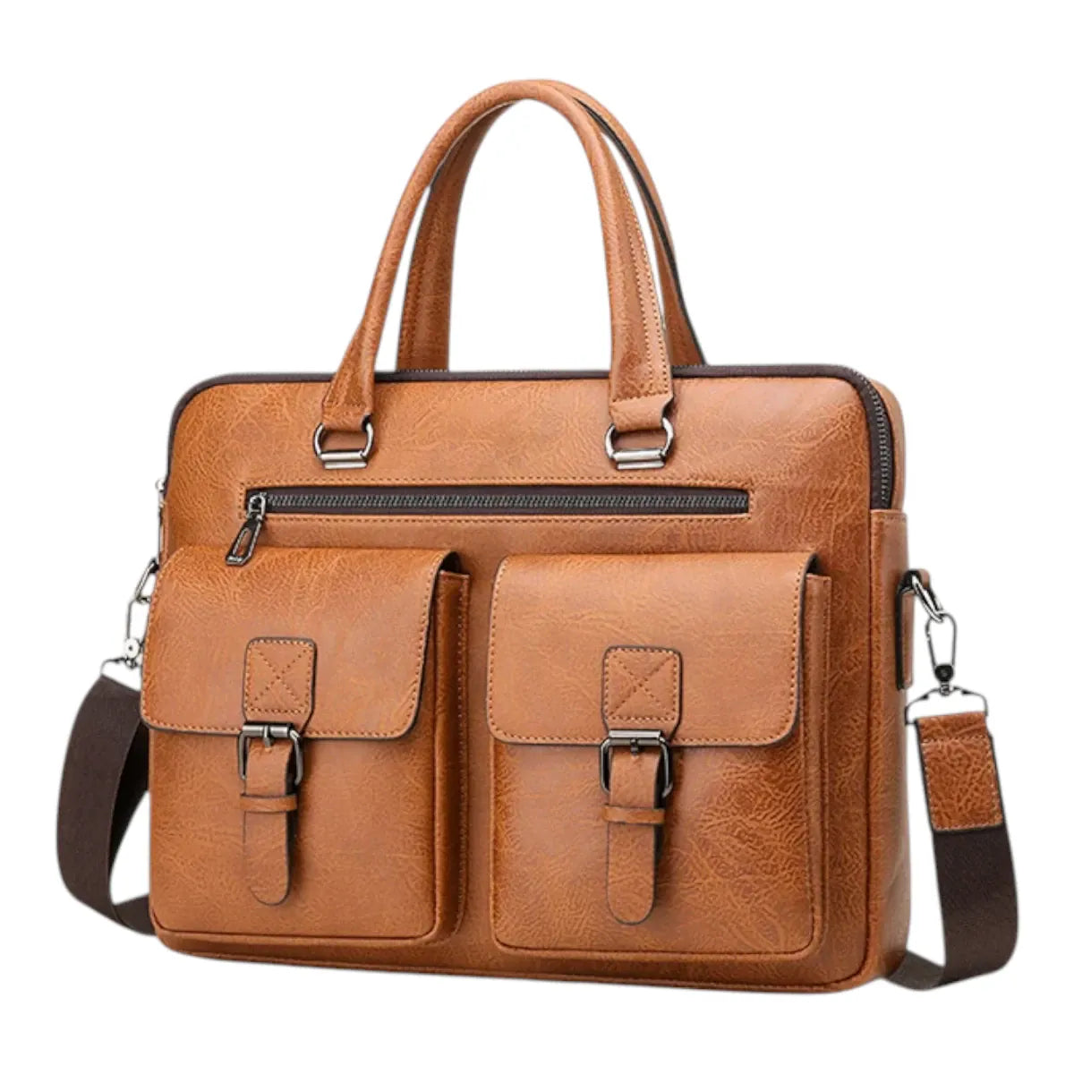 Sacoche ordinateur homme Bifolio en cuir marron texturé, vue studio de face.