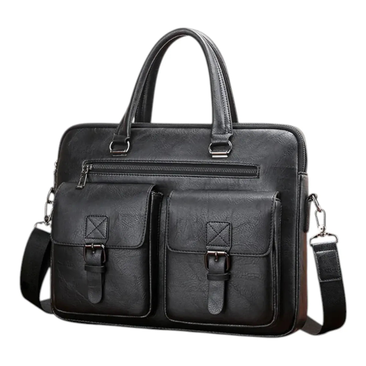 Sacoche ordinateur homme Bifolio en cuir marron texturé, vue studio de face.
