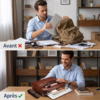 Comparatif avant après entre un sac à dos encombré et la sacoche ordinateur homme Dualis