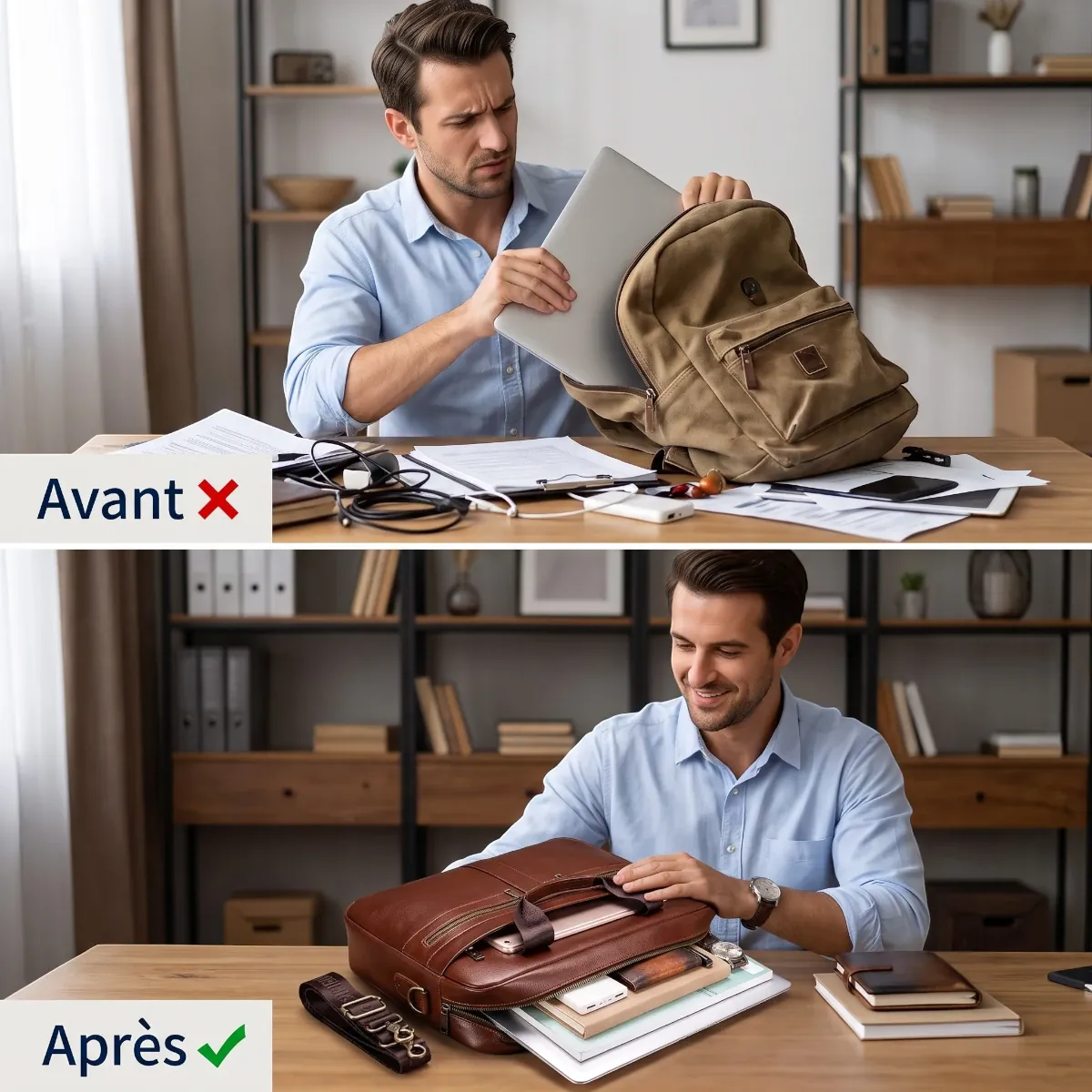 Comparatif avant après entre un sac à dos encombré et la sacoche ordinateur homme Dualis