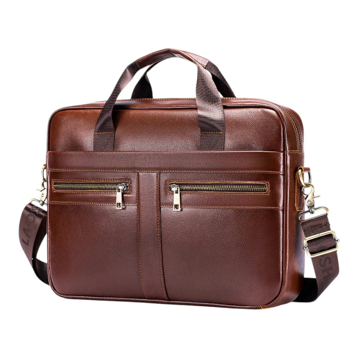 Sacoche ordinateur homme Dualis en cuir véritable marron vue de face sur fond blanc