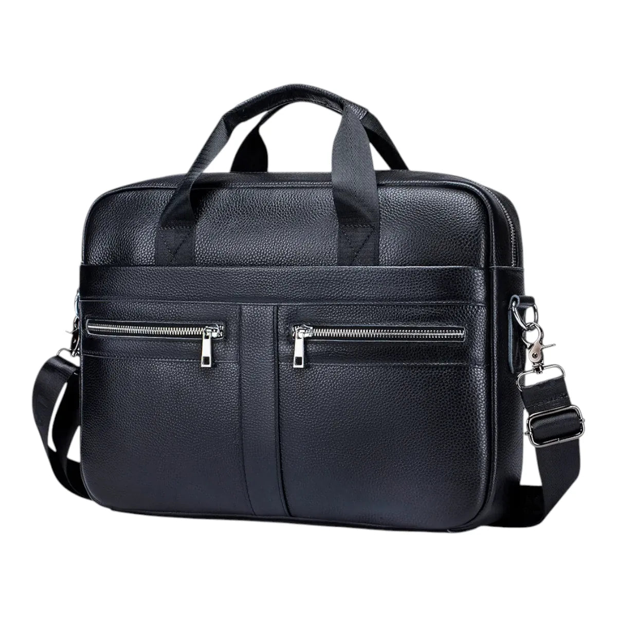 Sacoche ordinateur homme Dualis en cuir véritable noir vue de face sur fond blanc