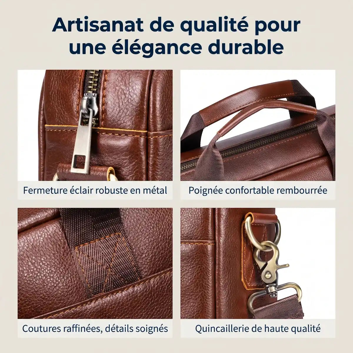 Gros plan sur les coutures, mousquetons et zips en métal de la sacoche ordinateur homme Dualis