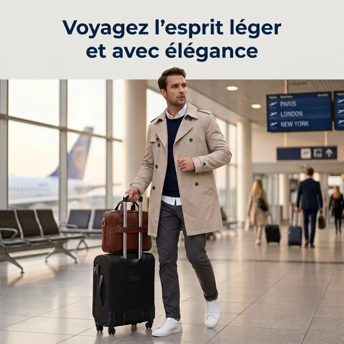 Sacoche ordinateur homme Dualis fixée sur la poignée de valise d'un voyageur d'affaires