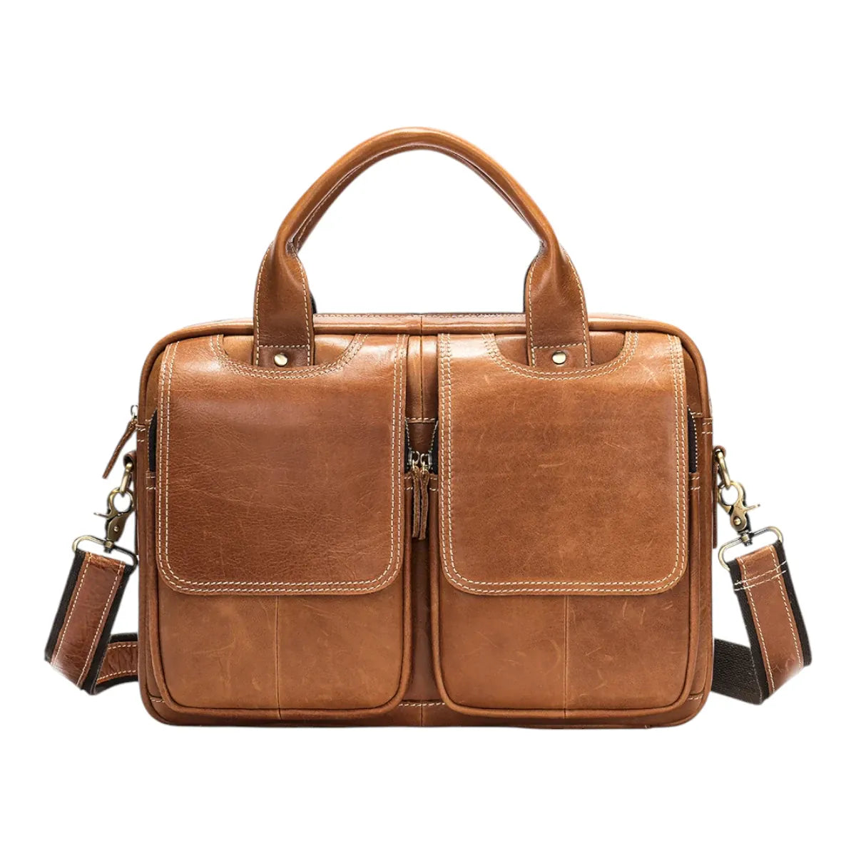 Sacoche ordinateur pour homme DuoCraft en cuir de vachette marron cognac