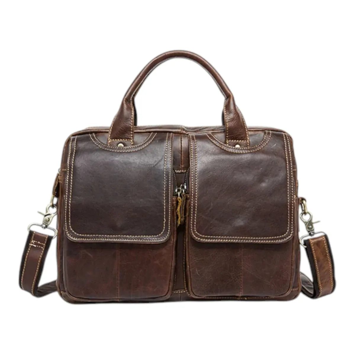 Sacoche ordinateur pour homme DuoCraft en cuir véritable marron foncé sur fond blanc