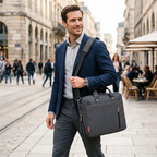 Homme d’affaires actif portant le sac pour ordinateur portable ErgoShield en bandoulière dans un cadre urbain de style business.