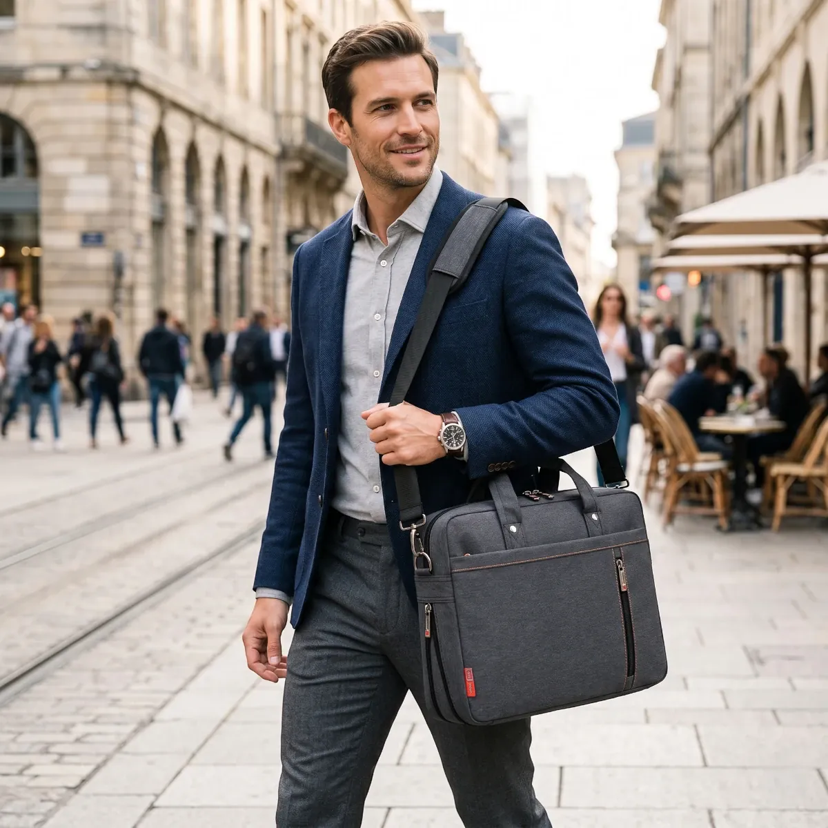 Homme d’affaires actif portant le sac pour ordinateur portable ErgoShield en bandoulière dans un cadre urbain de style business.