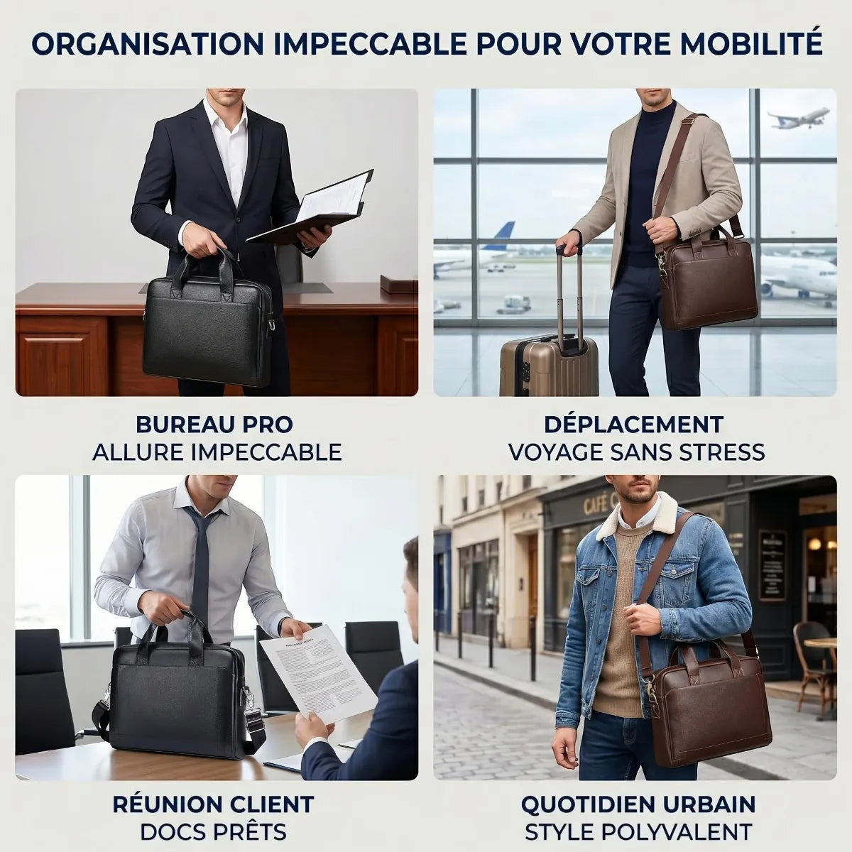 Quatre situations d'utilisation professionnelle au quotidien de la sacoche ordinateur homme L'Exécutif