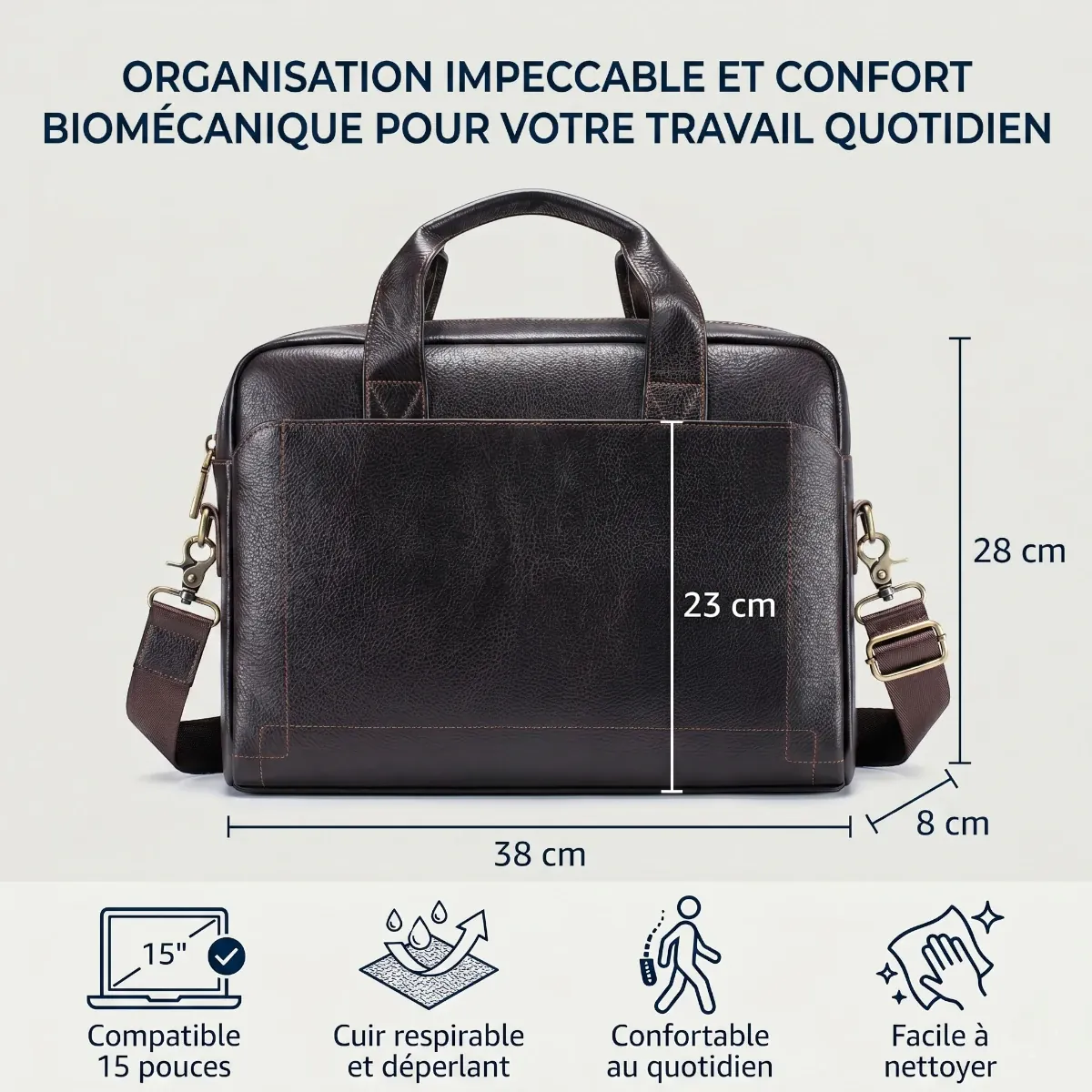Schéma des dimensions en centimètres et caractéristiques clés de la sacoche ordinateur homme L'Exécutif