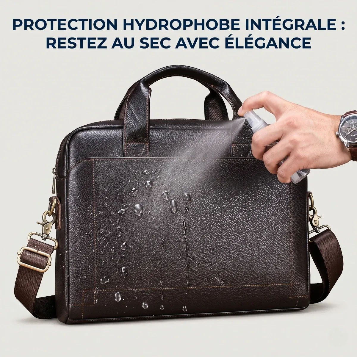 Test d'étanchéité et protection hydrophobe déperlante sur le cuir de la sacoche ordinateur homme L'Exécutif