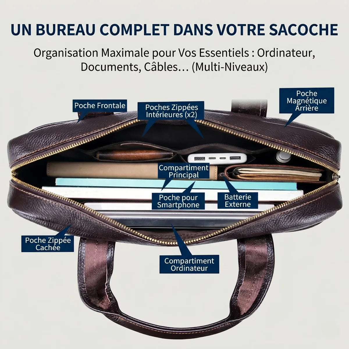 Vue intérieure de la sacoche ordinateur homme L'Exécutif ouverte dévoilant l'organisation et les poches zippées