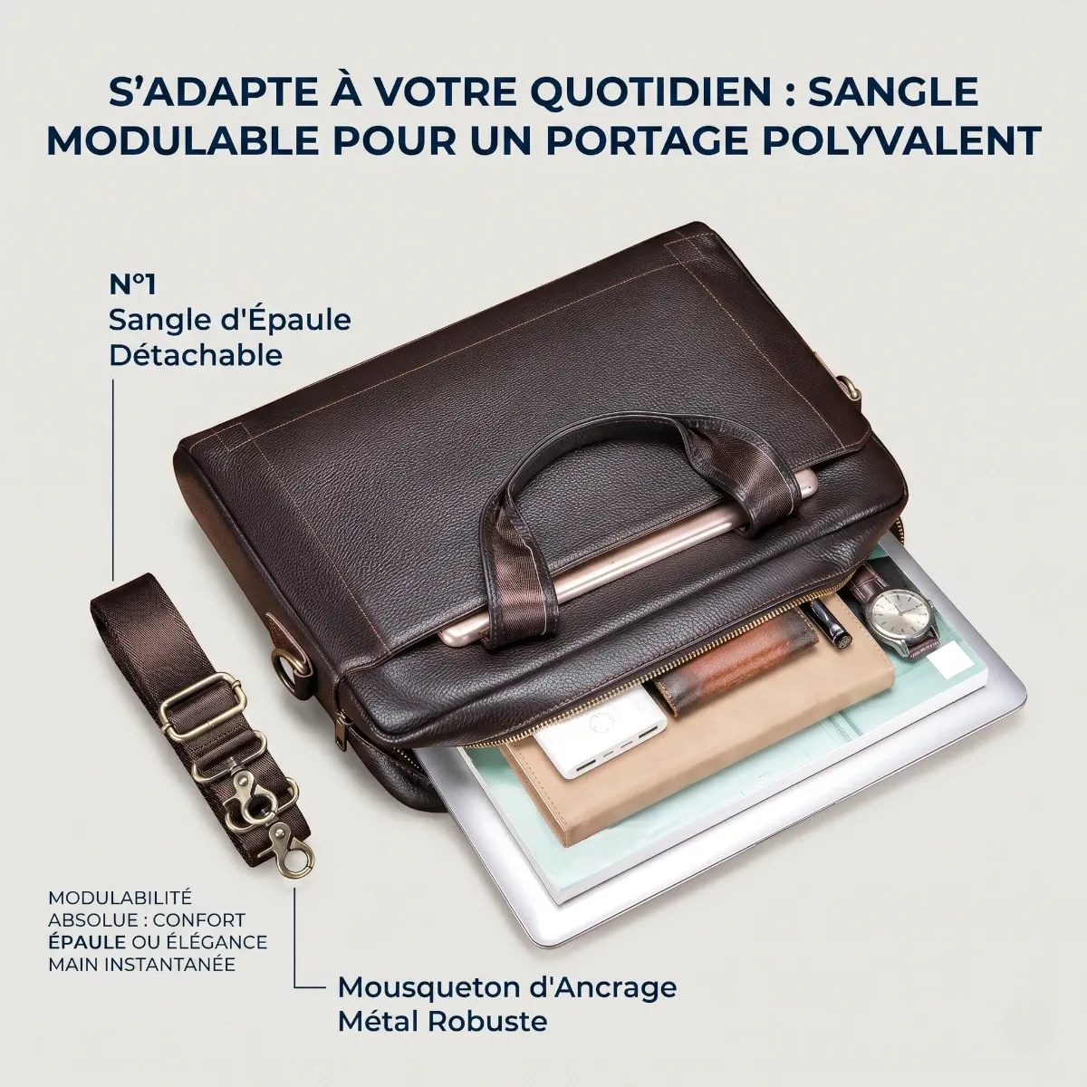 Sangle d'épaule modulable et amovible avec mousqueton de la sacoche ordinateur homme L'Exécutif