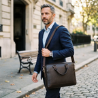 Homme en costume portant à l'épaule la sacoche ordinateur homme L'Exécutif lors d'un déplacement urbain