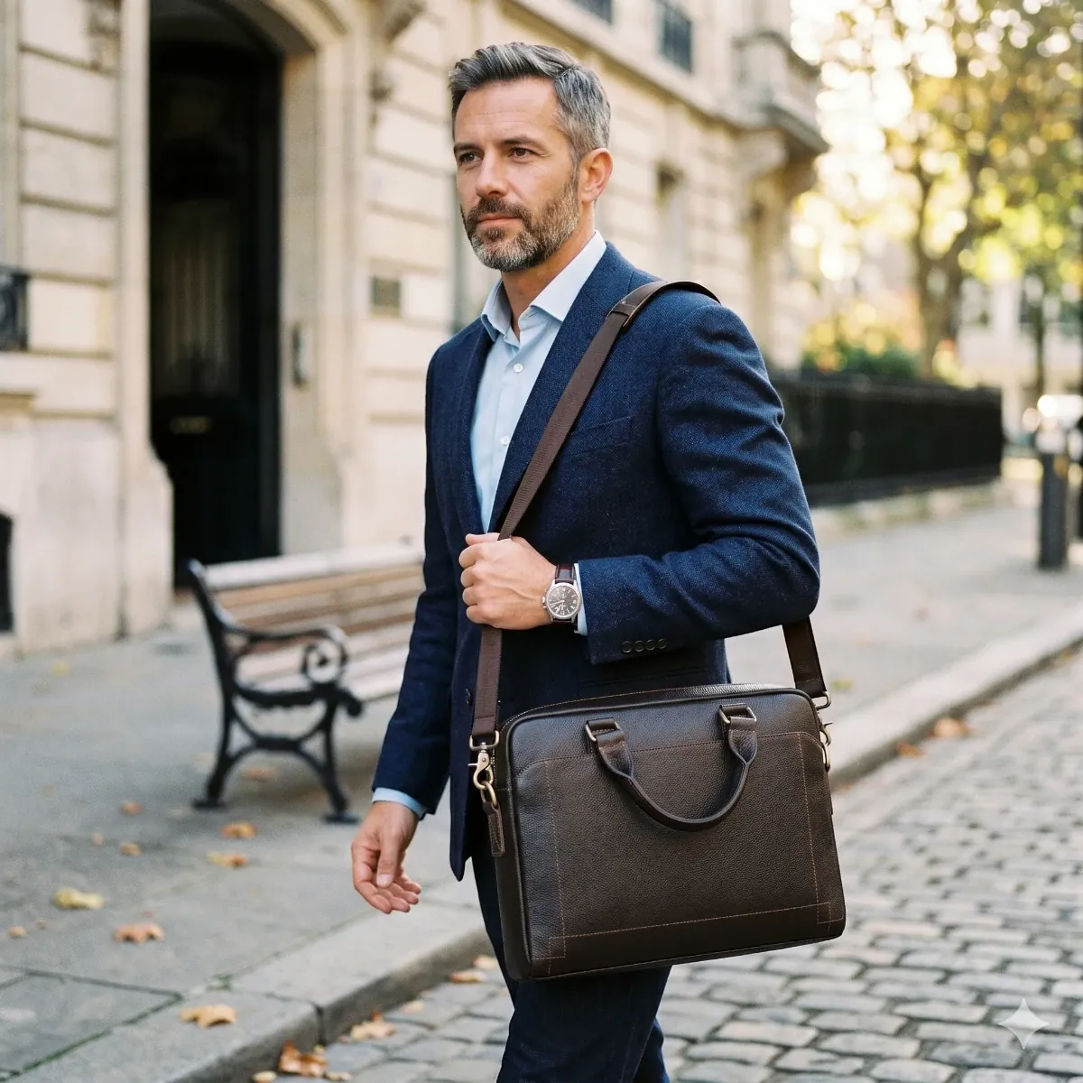 Homme en costume portant à l'épaule la sacoche ordinateur homme L'Exécutif lors d'un déplacement urbain
