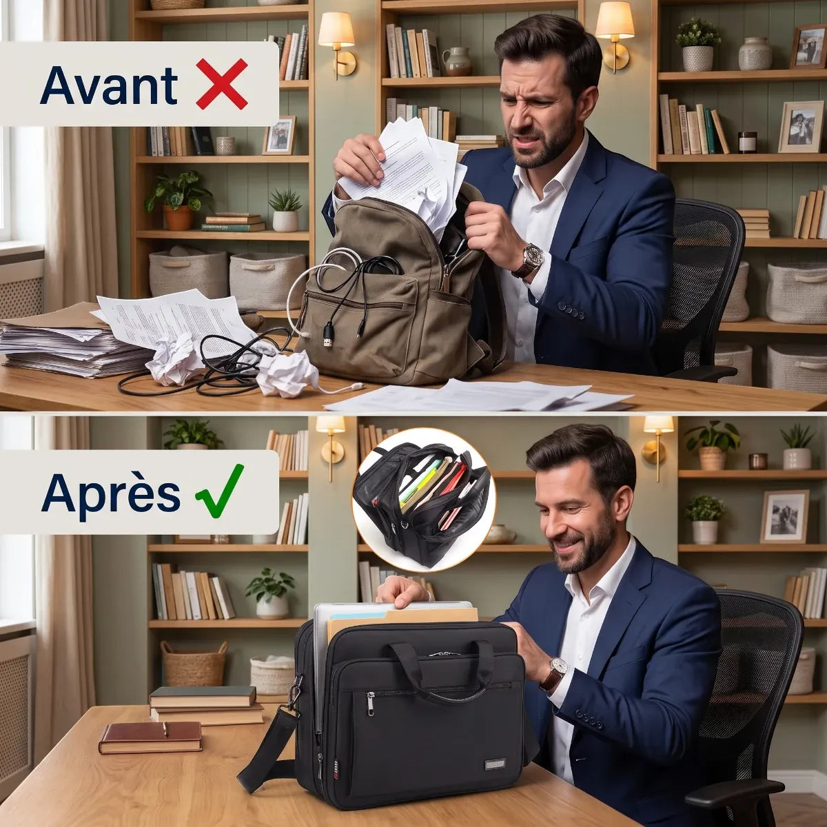 Sacoche ordinateur homme FlexoMax - Comparatif organisation avant et après