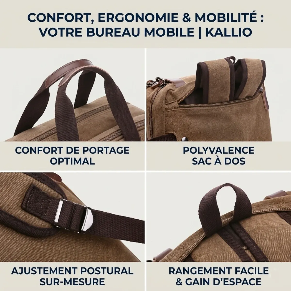 Détails techniques et confort de portage de la sacoche ergonomique homme Kallio : poignée, bretelles et ajustement.