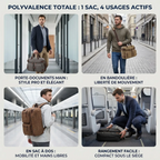 Infographie des 4 usages actifs du sac pour ordinateur Kallio : porte-documents, bandoulière, sac à dos et format compact.