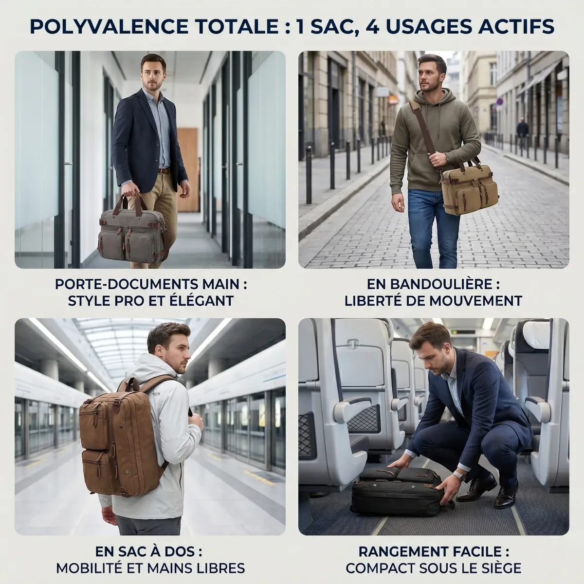 Infographie des 4 usages actifs du sac pour ordinateur Kallio : porte-documents, bandoulière, sac à dos et format compact.