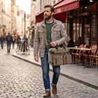 Homme d'affaires portant le sac ordinateur homme Kallio kaki en bandoulière lors d'un déplacement urbain.