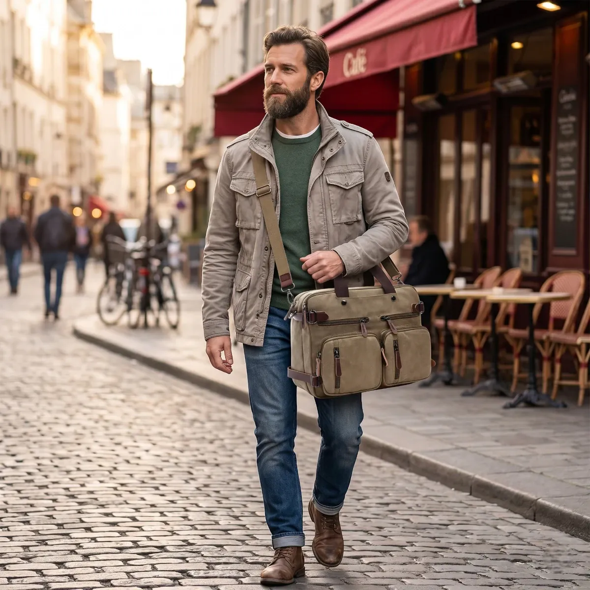 Homme d'affaires portant le sac ordinateur homme Kallio kaki en bandoulière lors d'un déplacement urbain.