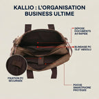 Vue de la structure interne et compartimentage de la sacoche avec protection antichoc ordinateur Kallio.