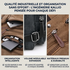 Détails des matériaux premium, boucles de volume modulable et poches de la sacoche business homme Kallio.