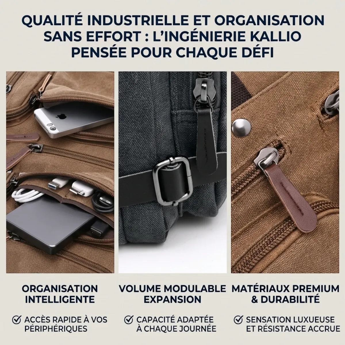 Détails des matériaux premium, boucles de volume modulable et poches de la sacoche business homme Kallio.