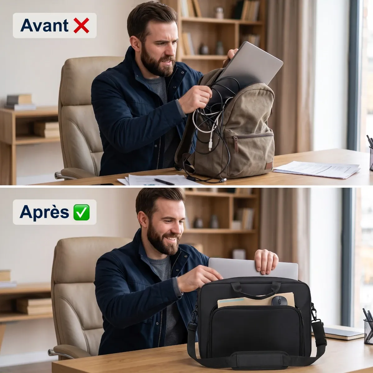 Comparatif avant après rangement sacoche ordinateur homme Lineo